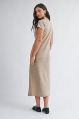 Light Brown Basic Crewneck Midi Dress