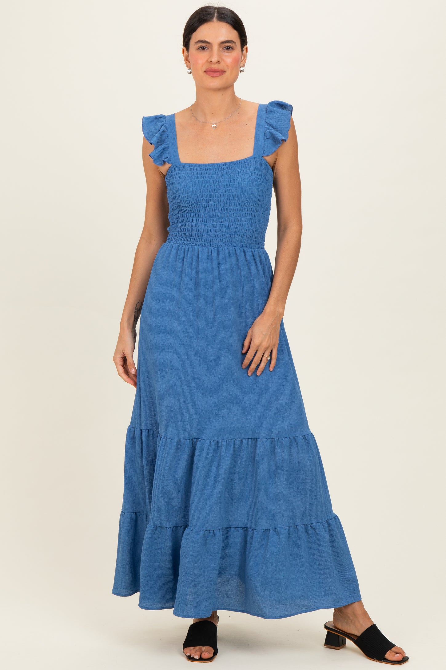Blue Ruffle Strap Smocked Maternity Maxi Dress