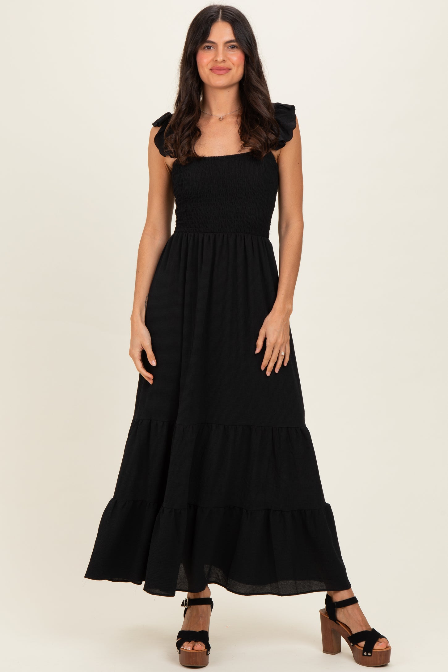 Black Ruffle Strap Smocked Maxi Dress