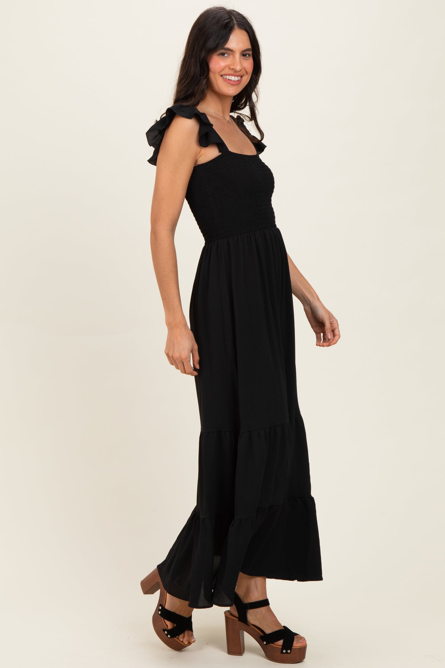 Black Ruffle Strap Smocked Maxi Dress