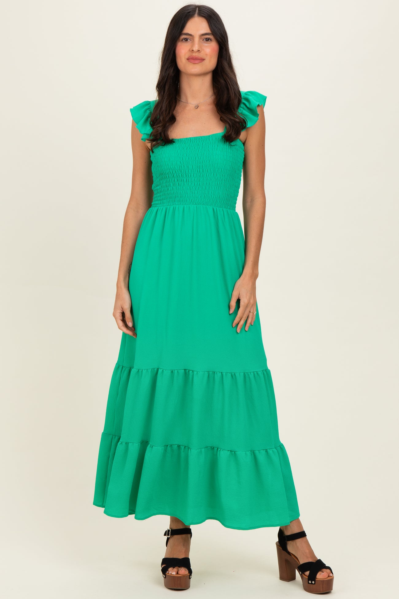 Green Ruffle Strap Smocked Maternity Maxi Dress