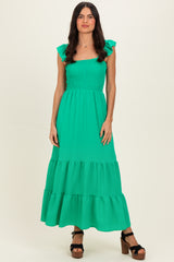 Green Ruffle Strap Smocked Maternity Maxi Dress