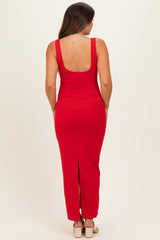 Red Low Back Square Neck Maternity Maxi Dress