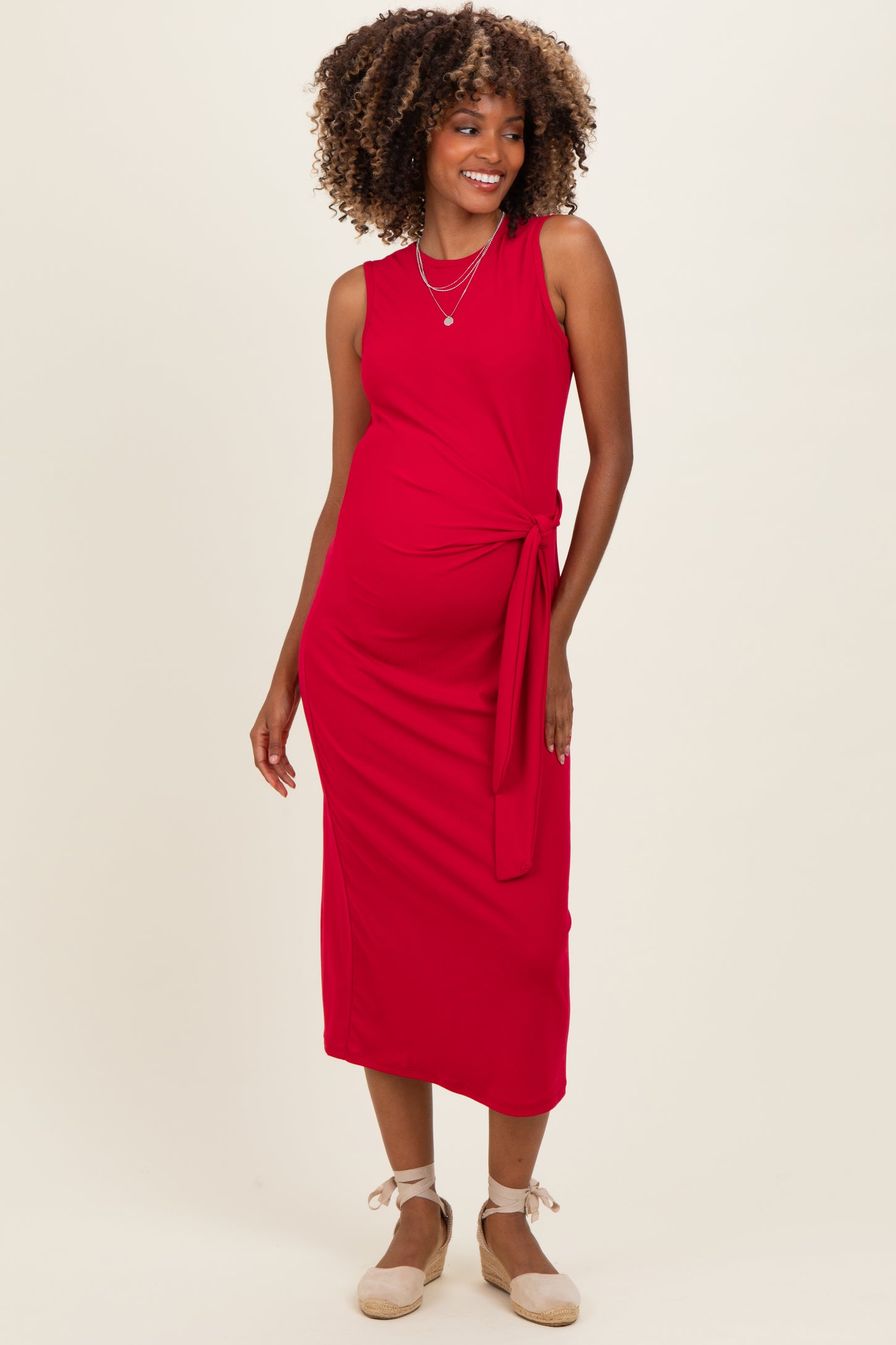Fuchsia Sleeveless Waist Tie Maternity Midi Dress