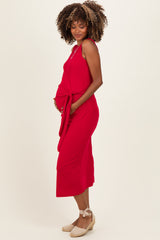 Fuchsia Sleeveless Waist Tie Maternity Midi Dress
