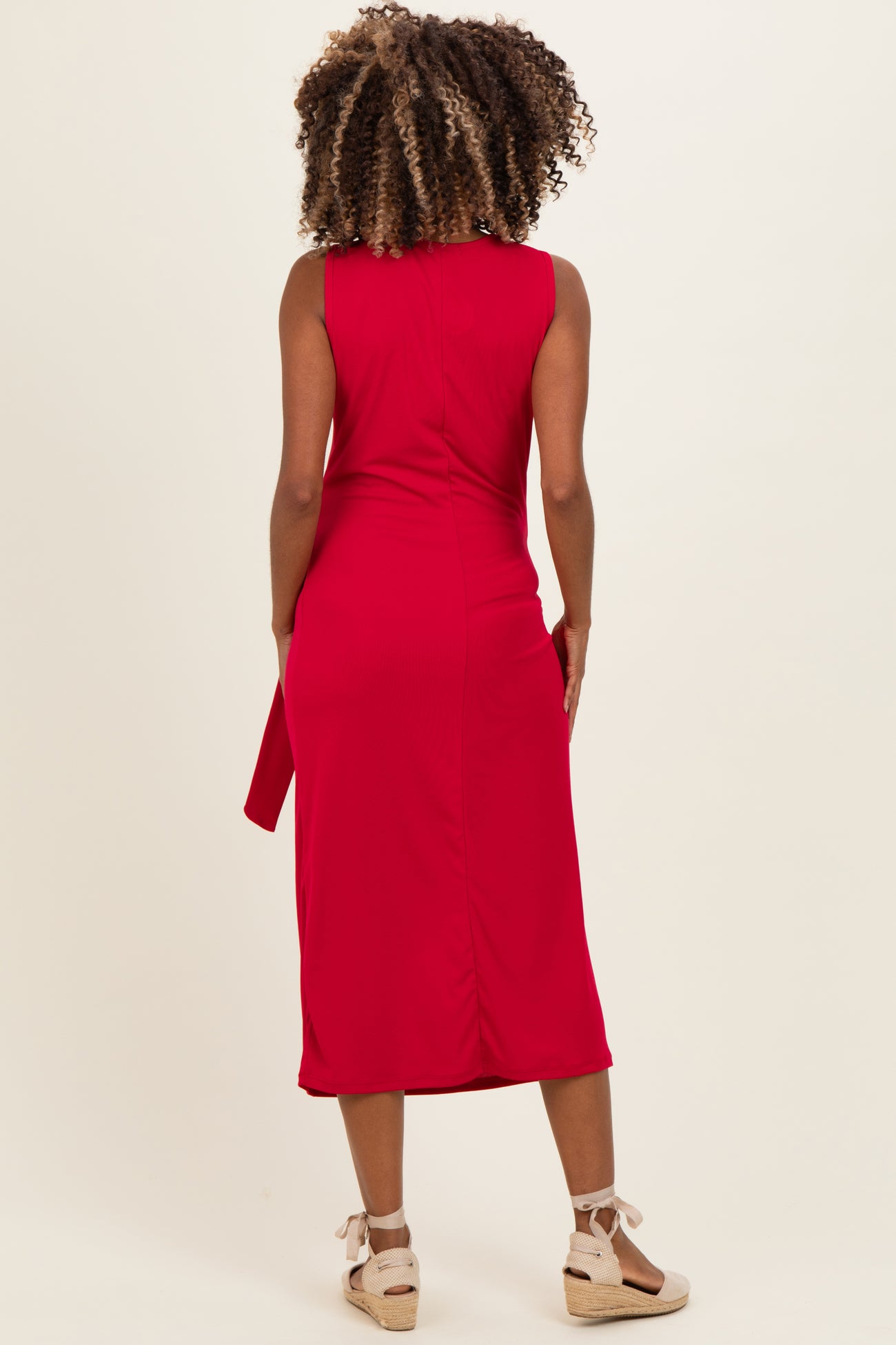 Fuchsia Sleeveless Waist Tie Maternity Midi Dress