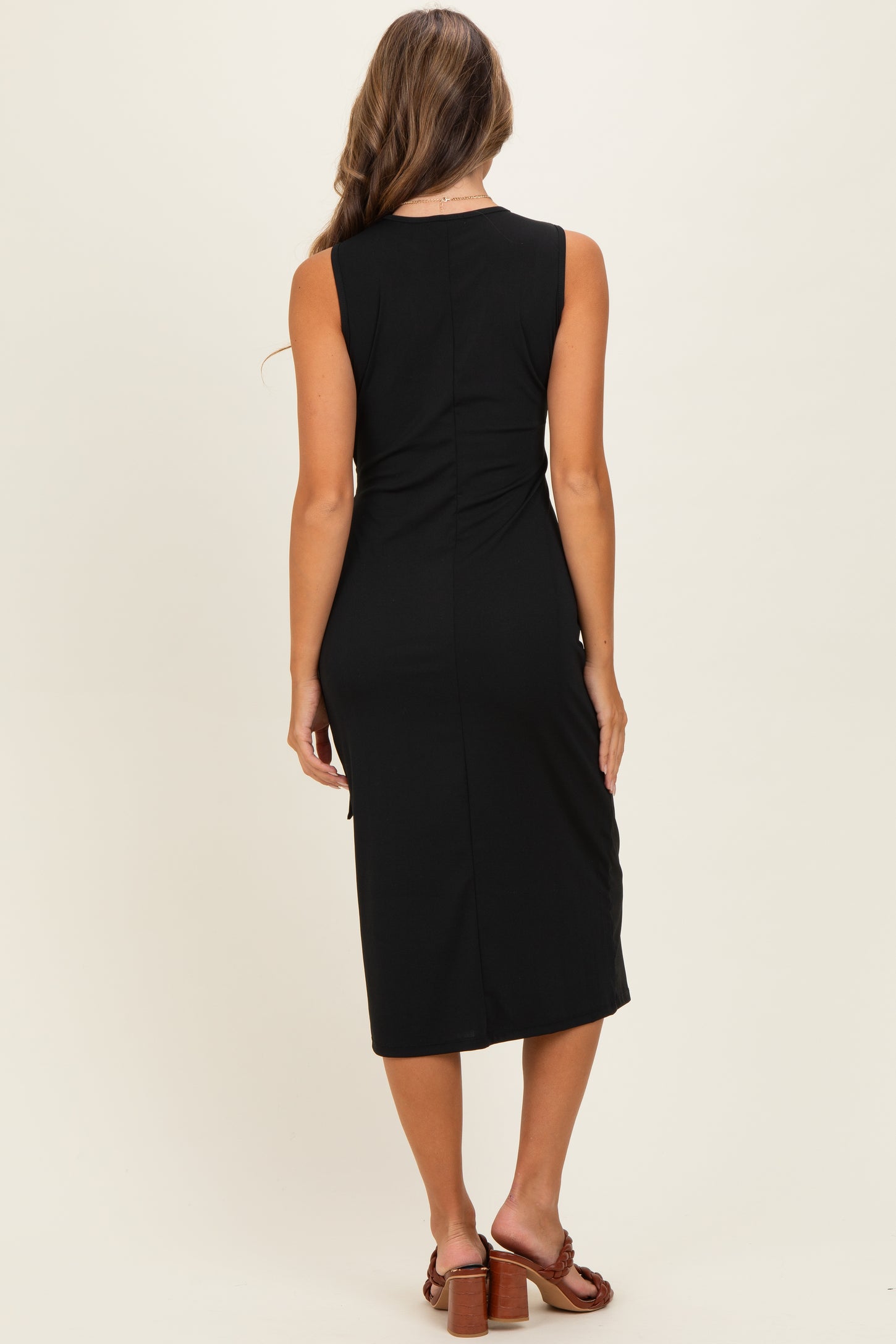 Black Sleeveless Waist Tie Midi Dress