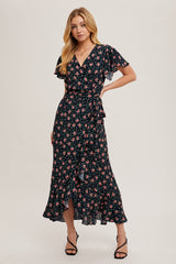 Red Floral Ruffled Hem Wrap Maternity Maxi Dress