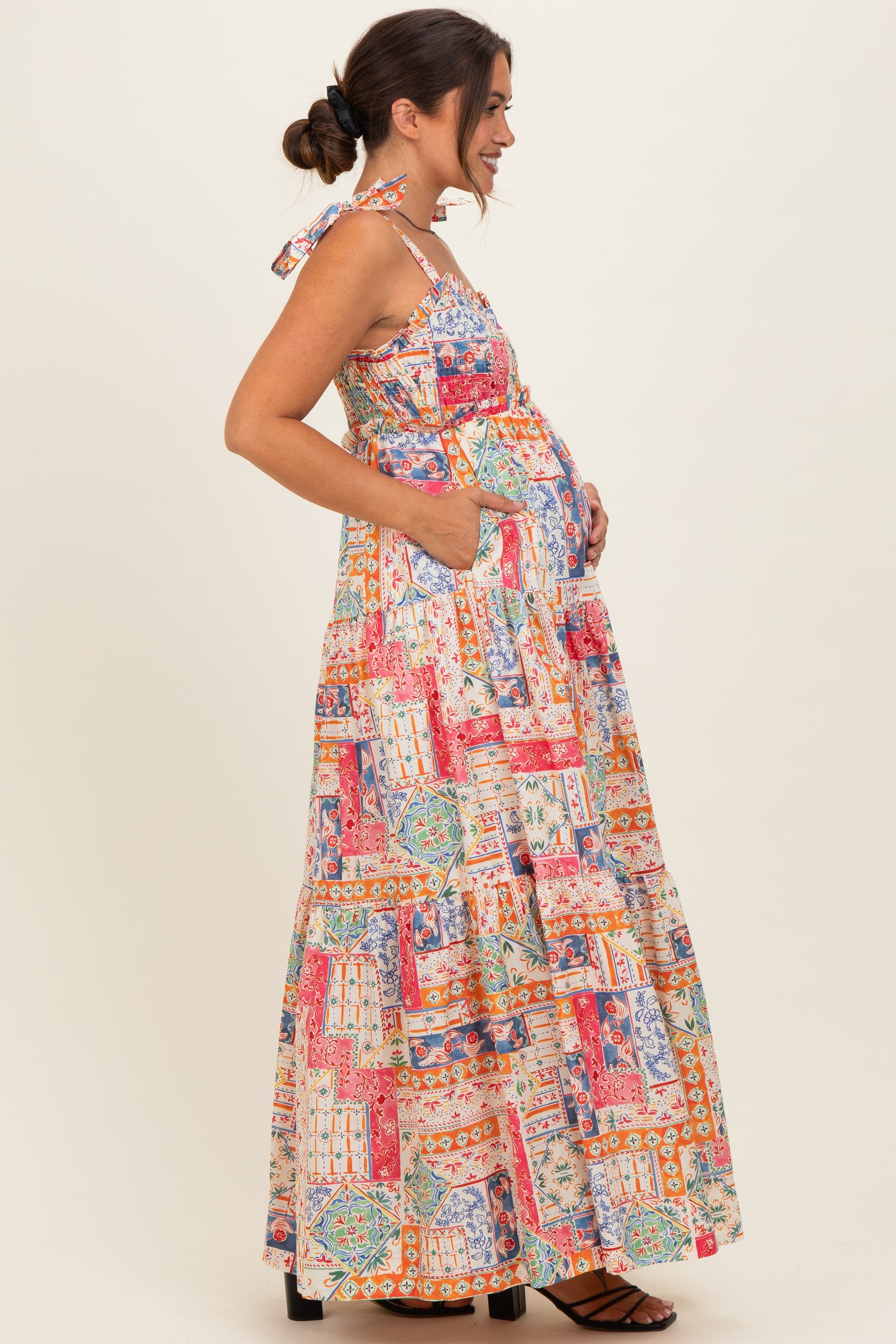Multicolor Patchwork Print Ribbon Strap Maternity Maxi Dress