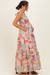 Multicolor Patchwork Print Ribbon Strap Maternity Maxi Dress