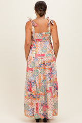 Multicolor Patchwork Print Ribbon Strap Maternity Maxi Dress
