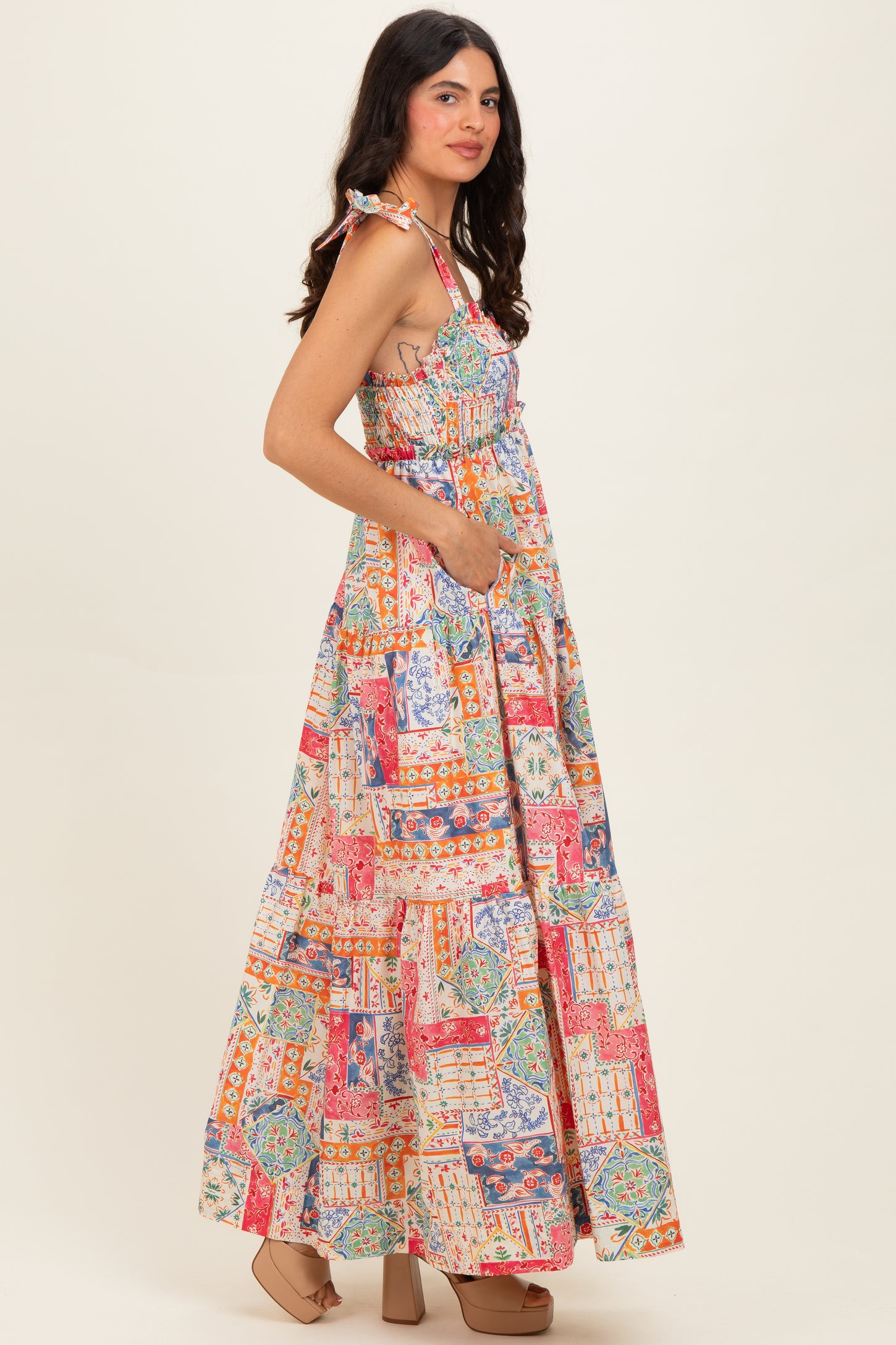 Multicolor Patchwork Print Ribbon Strap Maxi Dress