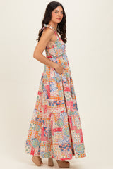 Multicolor Patchwork Print Ribbon Strap Maxi Dress