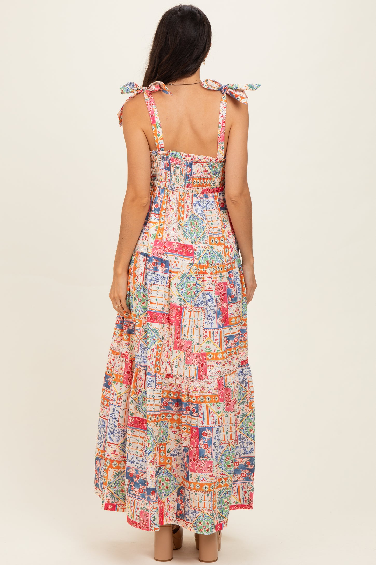 Multicolor Patchwork Print Ribbon Strap Maxi Dress