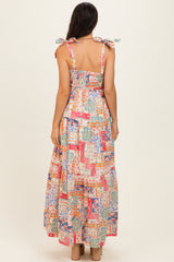 Multicolor Patchwork Print Ribbon Strap Maxi Dress