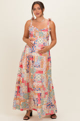Multicolor Patchwork Print Ribbon Strap Maternity Maxi Dress