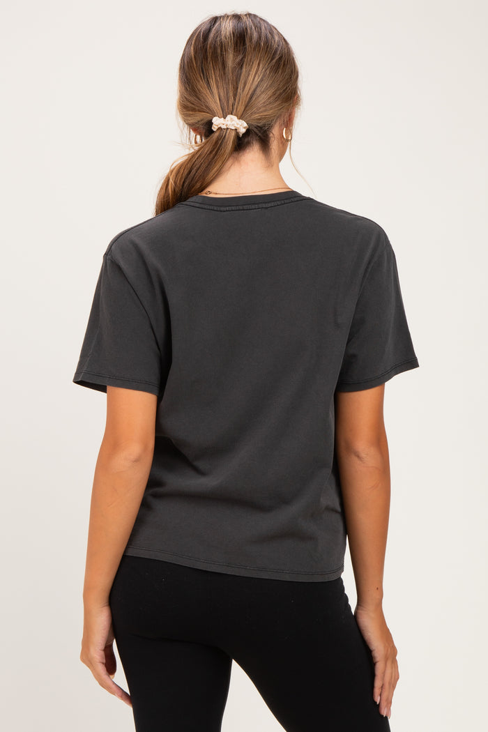 woman wearing a dark gray short sleeve maternity t-shirt with a relaxed fit, viewed from the back