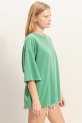 Green Washed Oversized Crew Neck Top