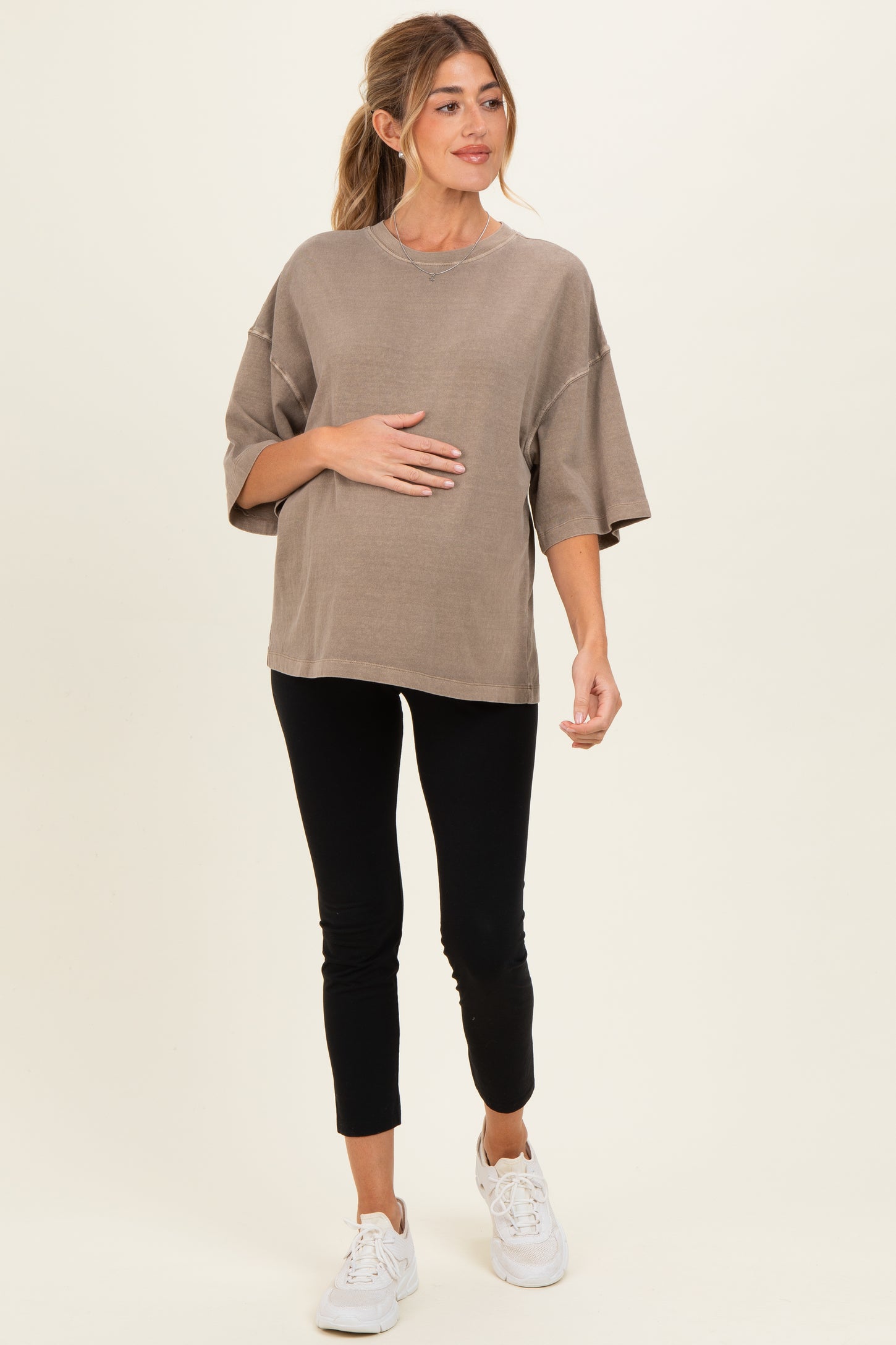 Mocha Pigment Oversized Half-Sleeve Maternity T-Shirt