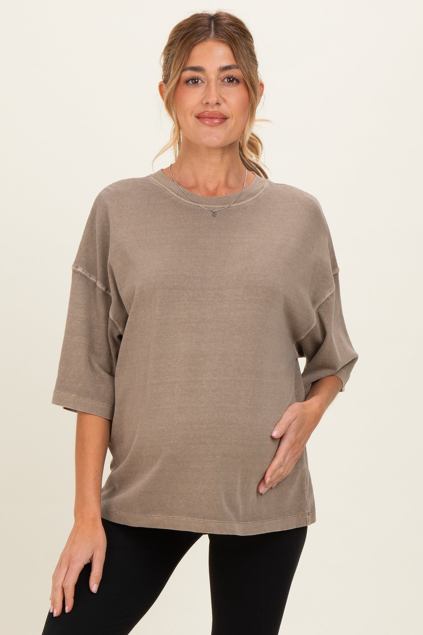 Mocha Pigment Oversized Half-Sleeve Maternity T-Shirt