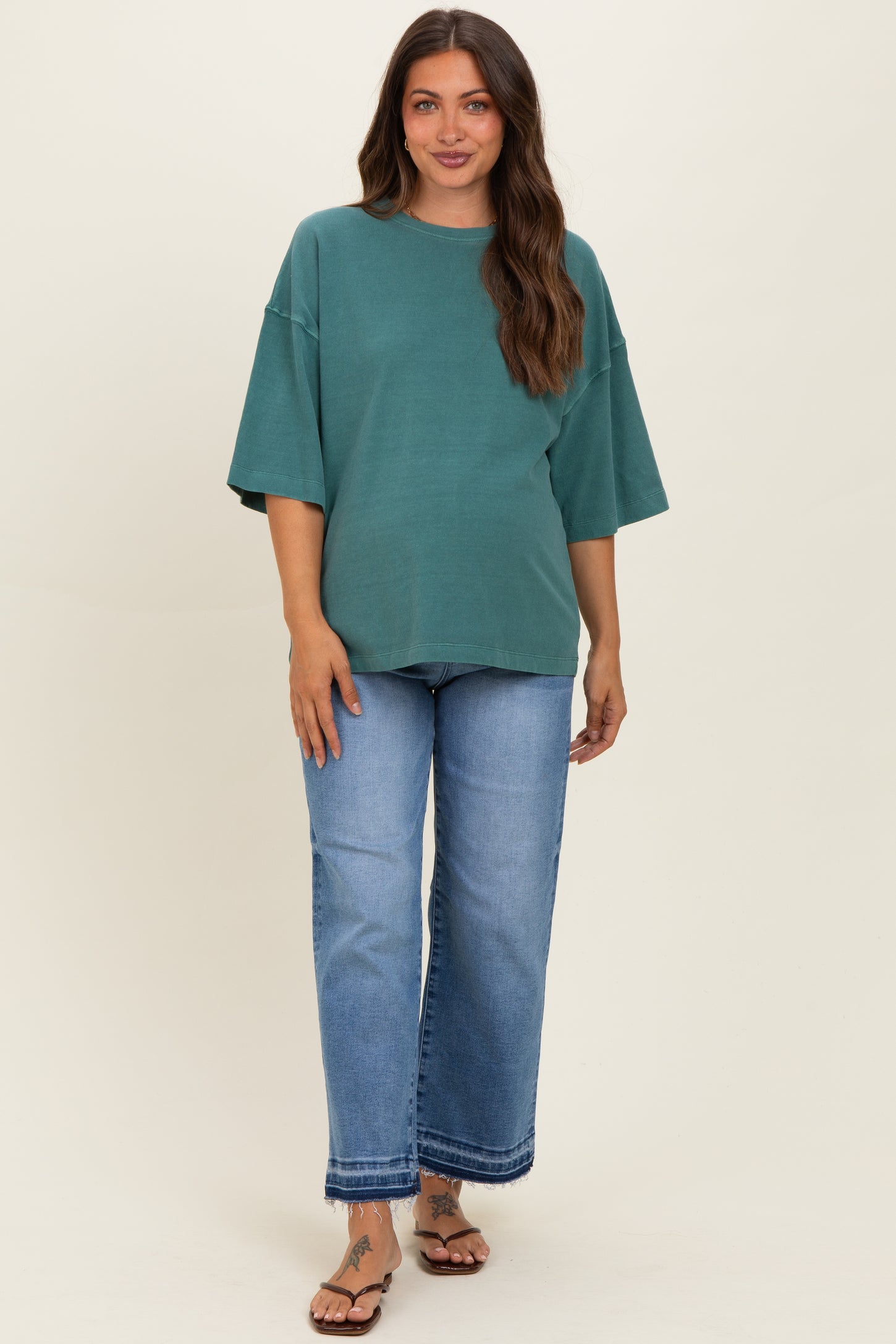 Dark Teal Pigment Oversized Half-Sleeve Maternity T-Shirt