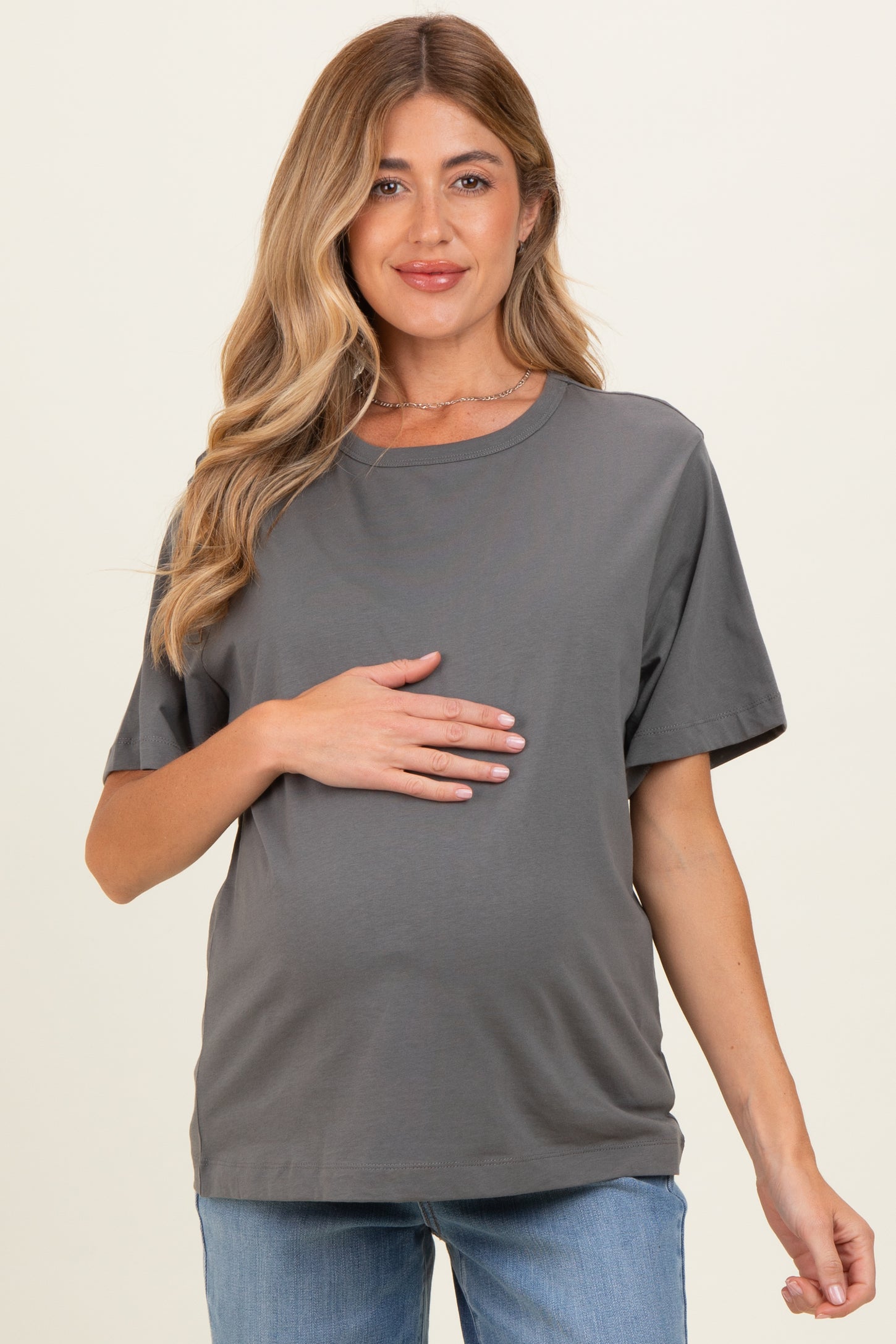 Charcoal Oversized Short Sleeve Crew Neck Maternity T-Shirt