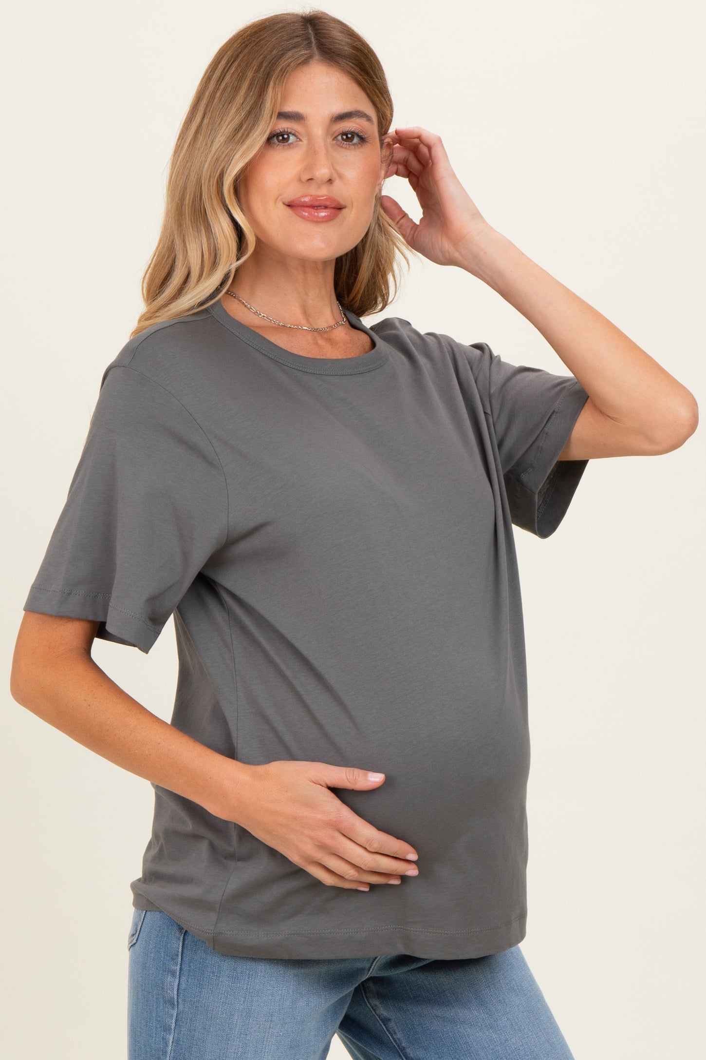 Charcoal Oversized Short Sleeve Crew Neck Maternity T-Shirt