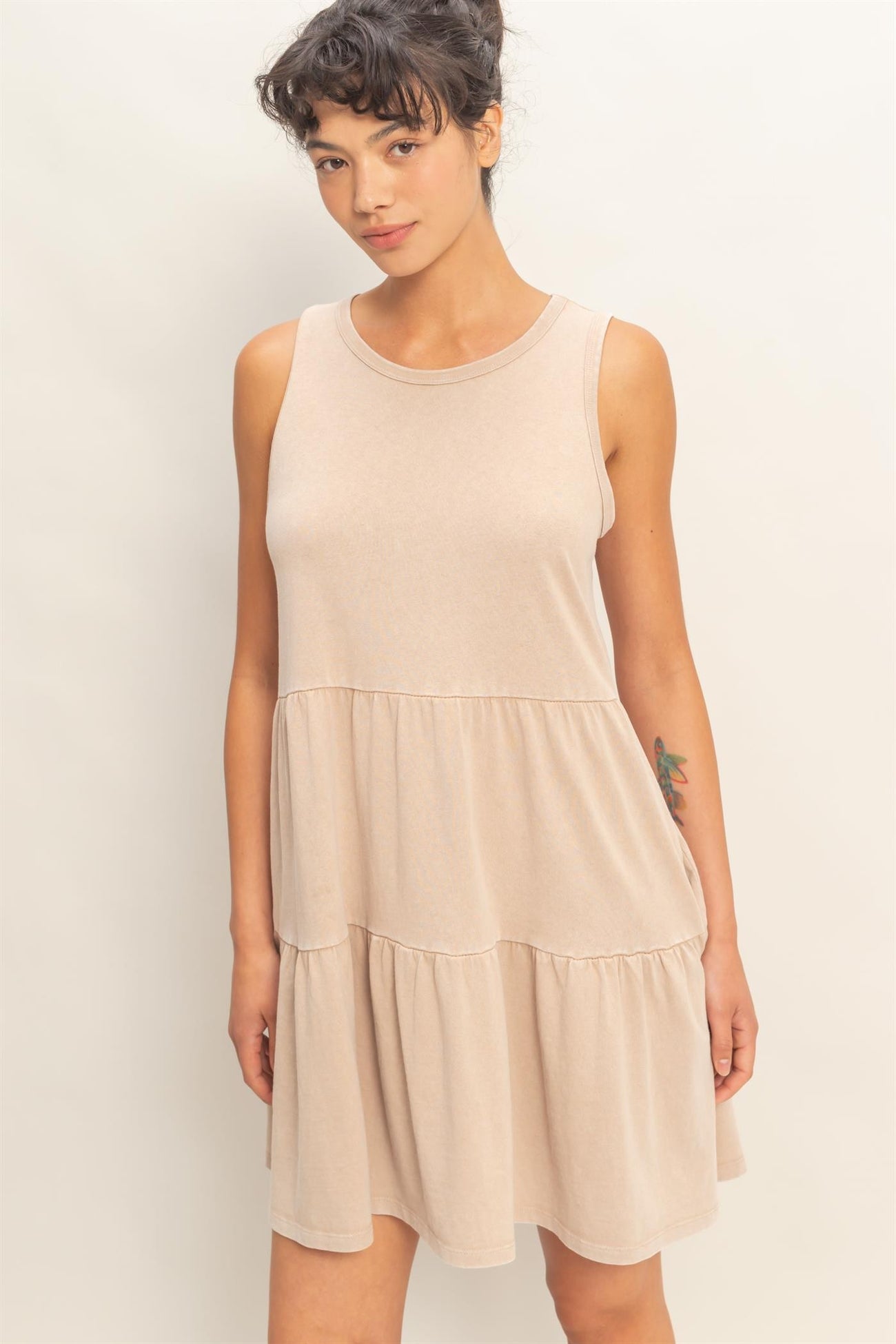 Dark Taupe Sleeveless Crewneck Tiered Maternity Mini Dress