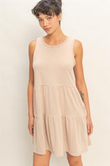 Dark Taupe Sleeveless Crewneck Tiered Maternity Mini Dress