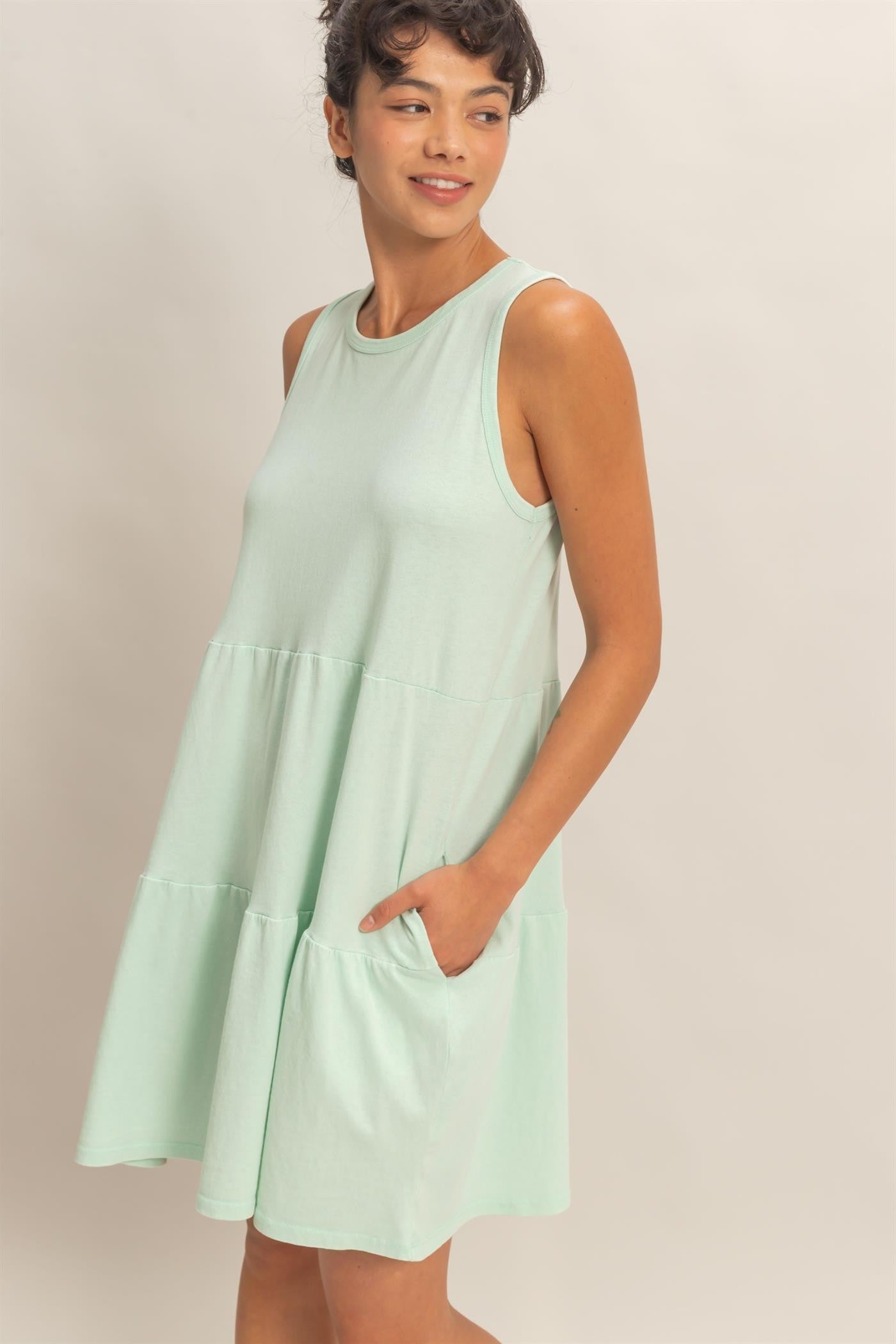 Mint Sleeveless Crewneck Tiered Mini Dress