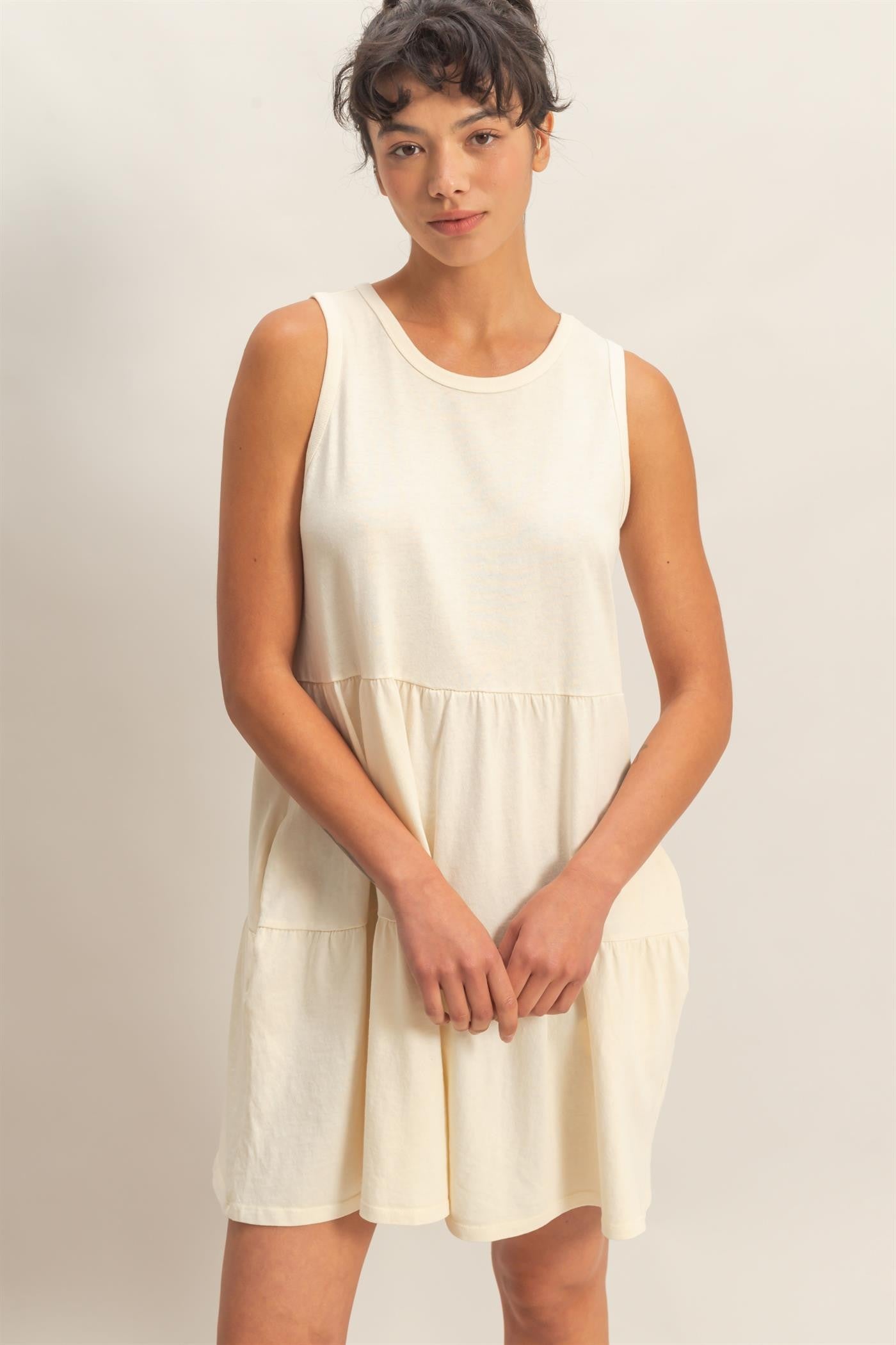 Cream Sleeveless Crewneck Tiered Maternity Mini Dress