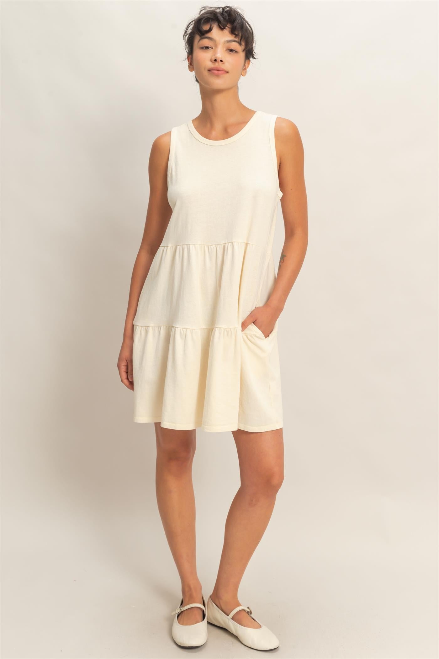 Cream Sleeveless Crewneck Tiered Mini Dress