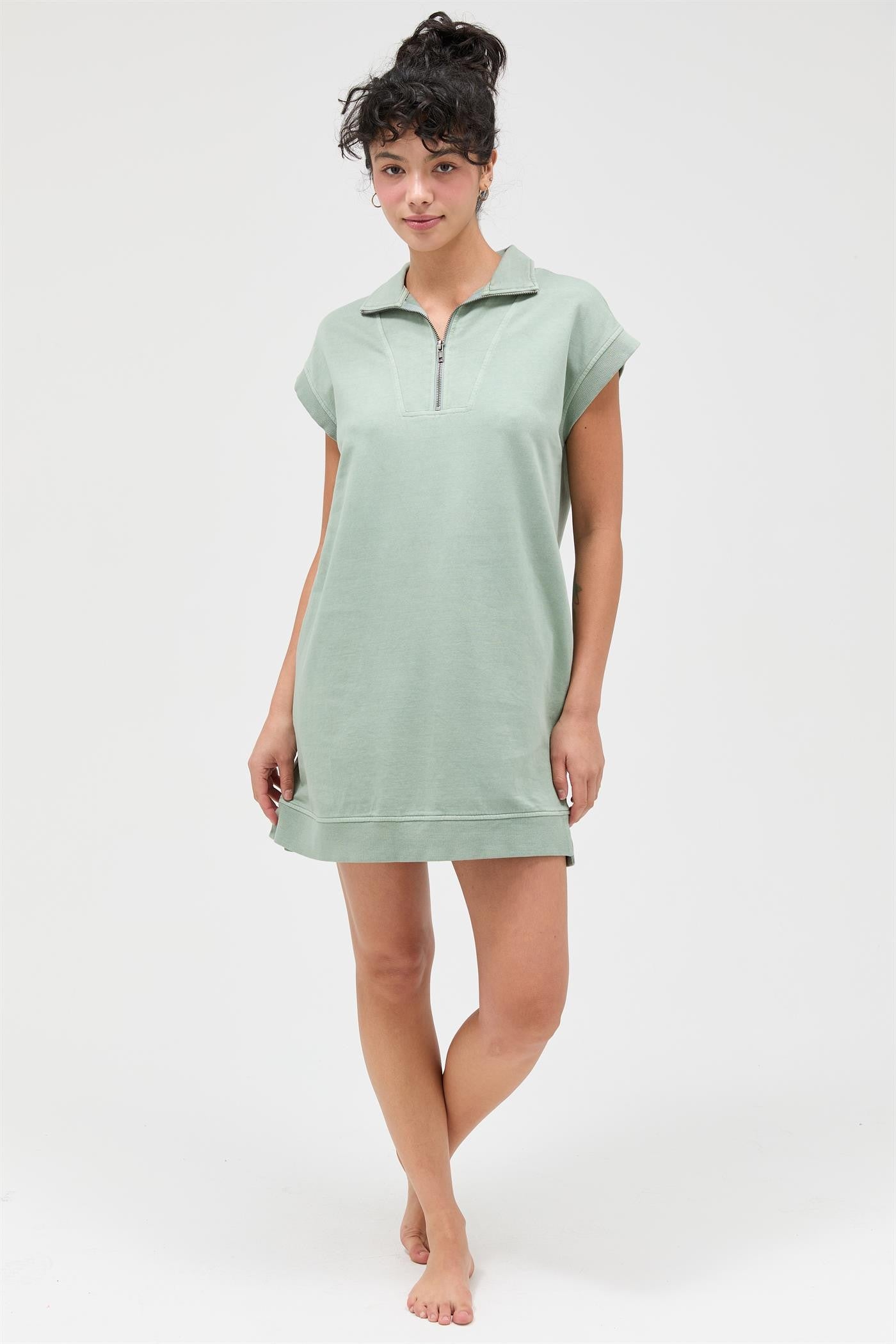 Sage Green Half Zip Up Mock Neck Mini Dress