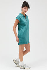 Teal Half Zip Up Mock Neck Mini Dress