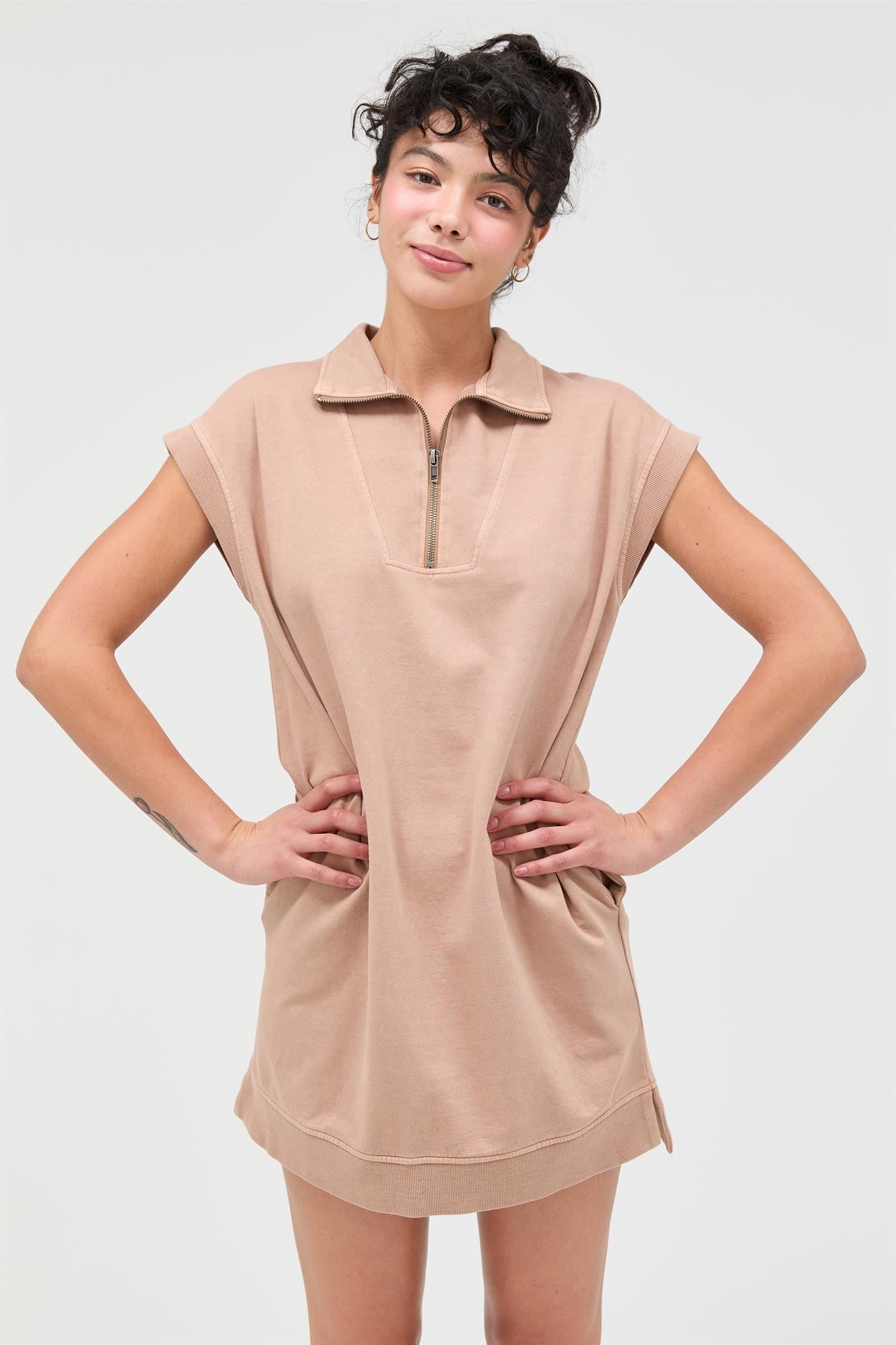 Taupe Half Zip Up Mock Neck Maternity Mini Dress