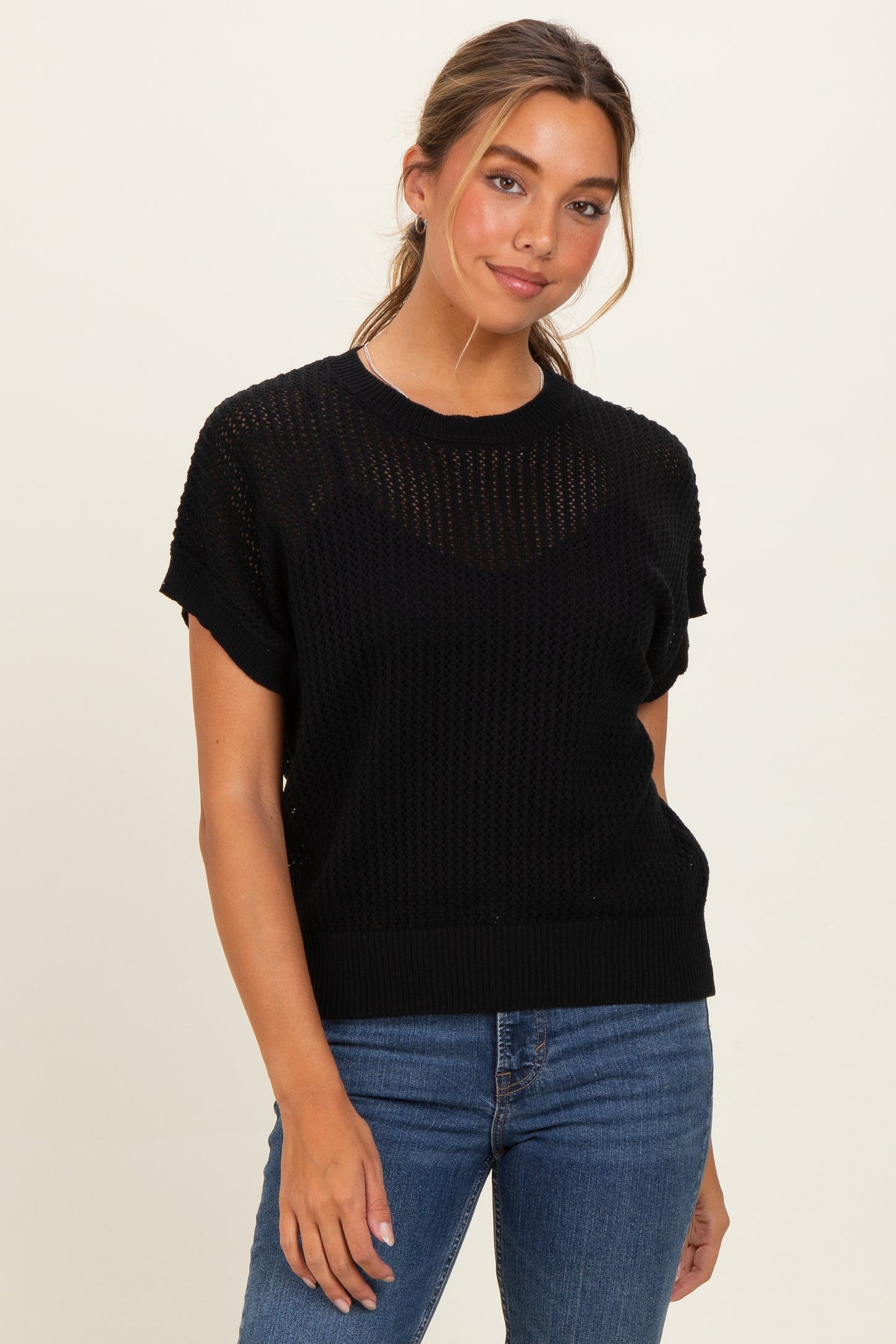 Black Open-Knit Dolman Sleeve Maternity Top