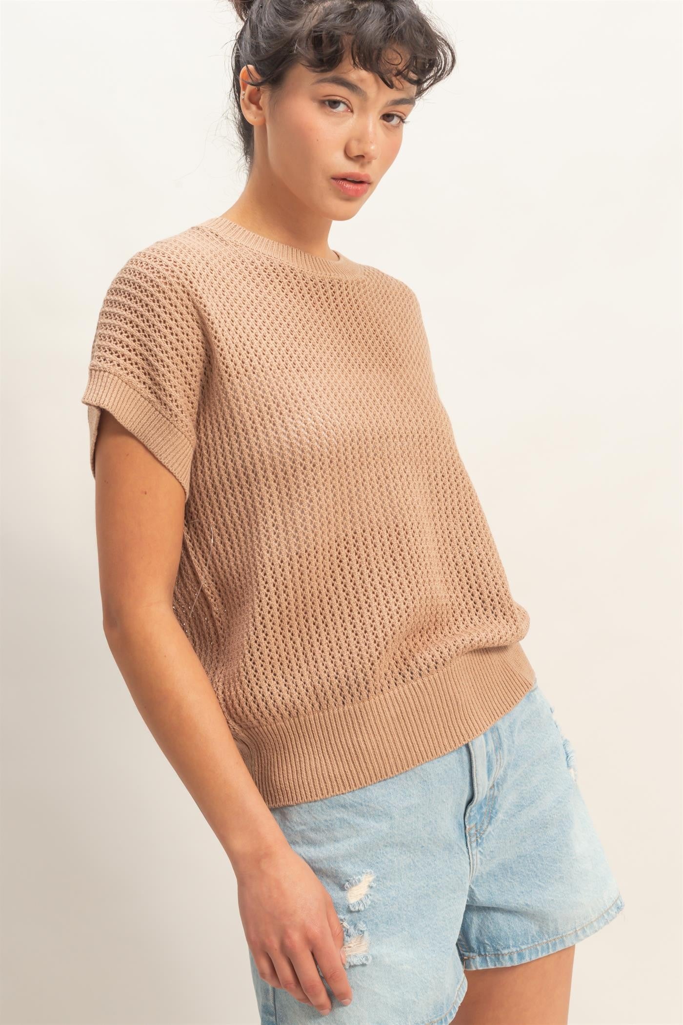 Taupe Open-Knit Dolman Sleeve Top