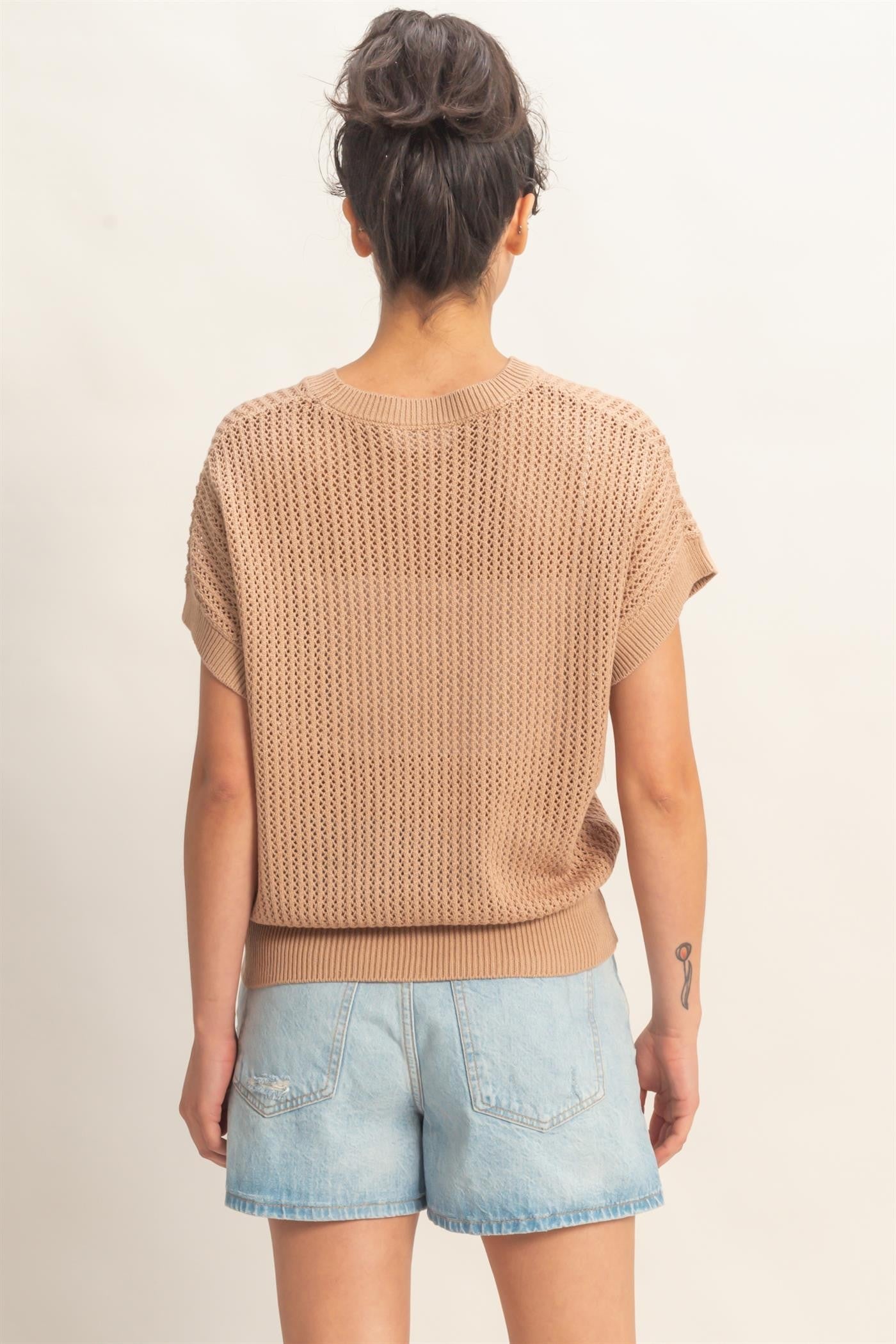 Taupe Open-Knit Dolman Sleeve Top