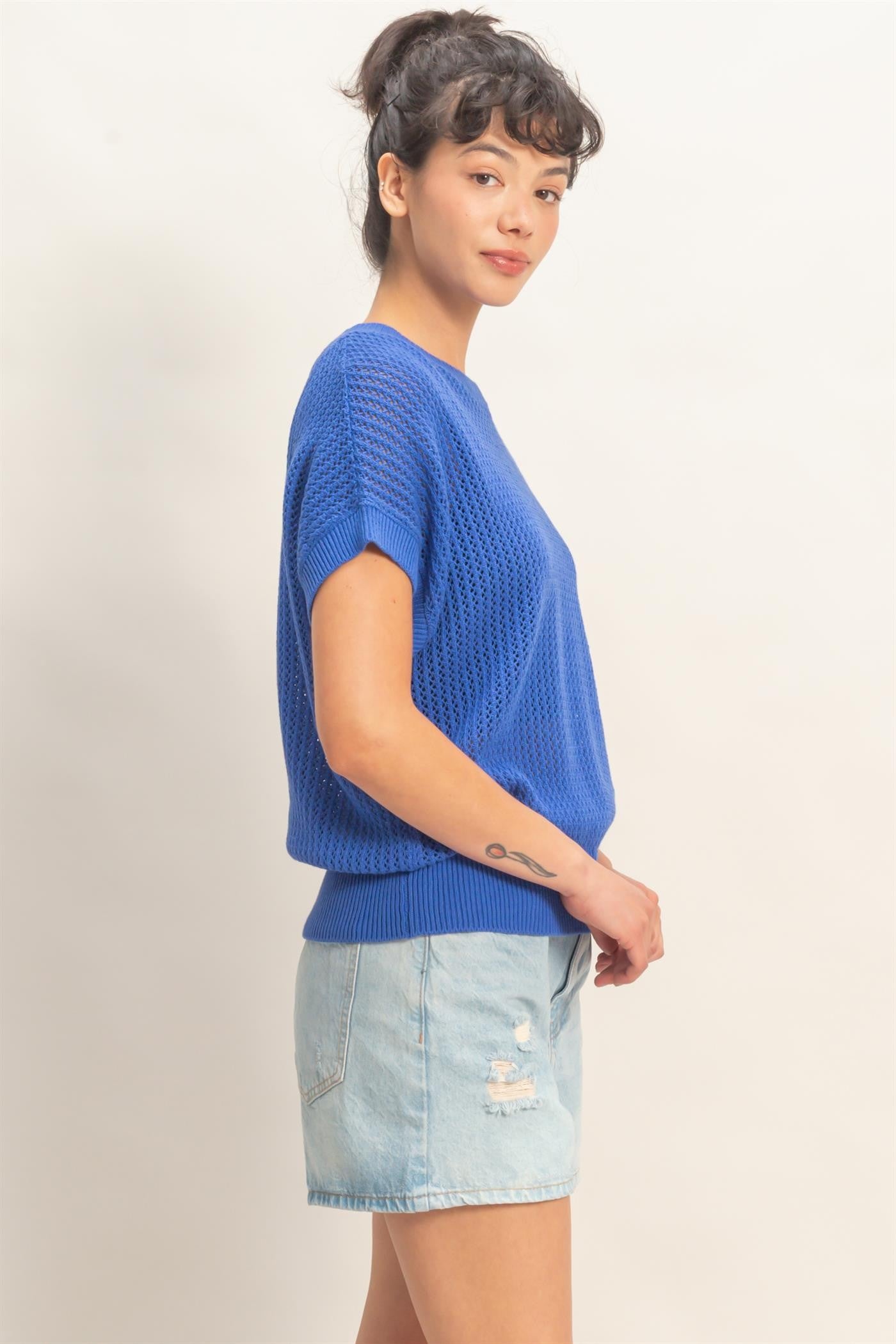 Blue Open-Knit Dolman Sleeve Top