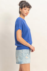 Blue Open-Knit Dolman Sleeve Top