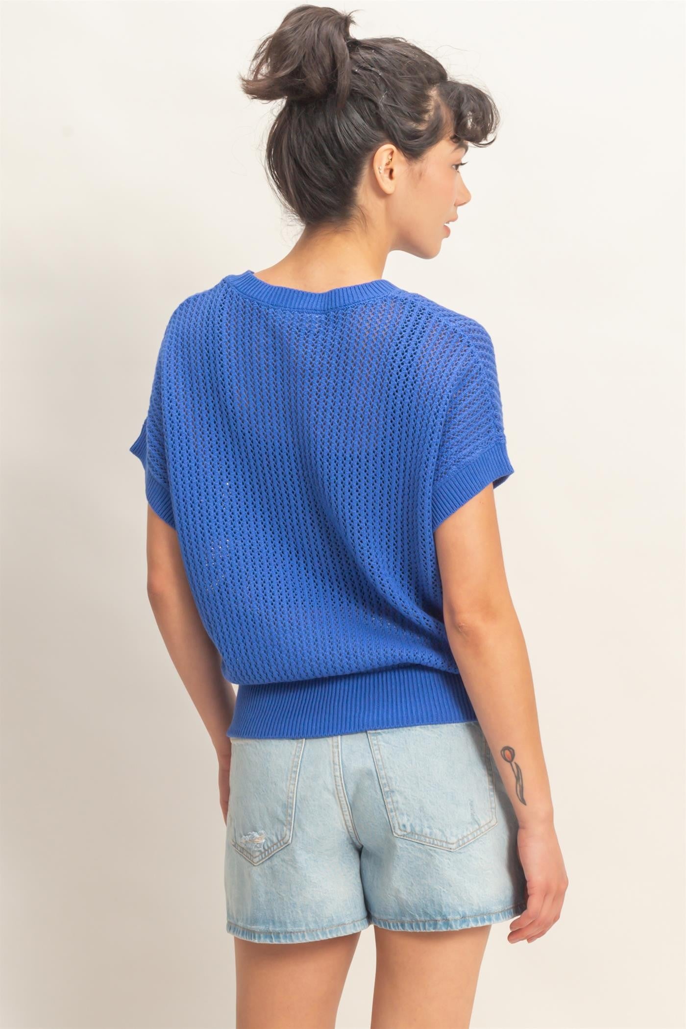 Blue Open-Knit Dolman Sleeve Top