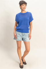 Blue Open-Knit Dolman Sleeve Top