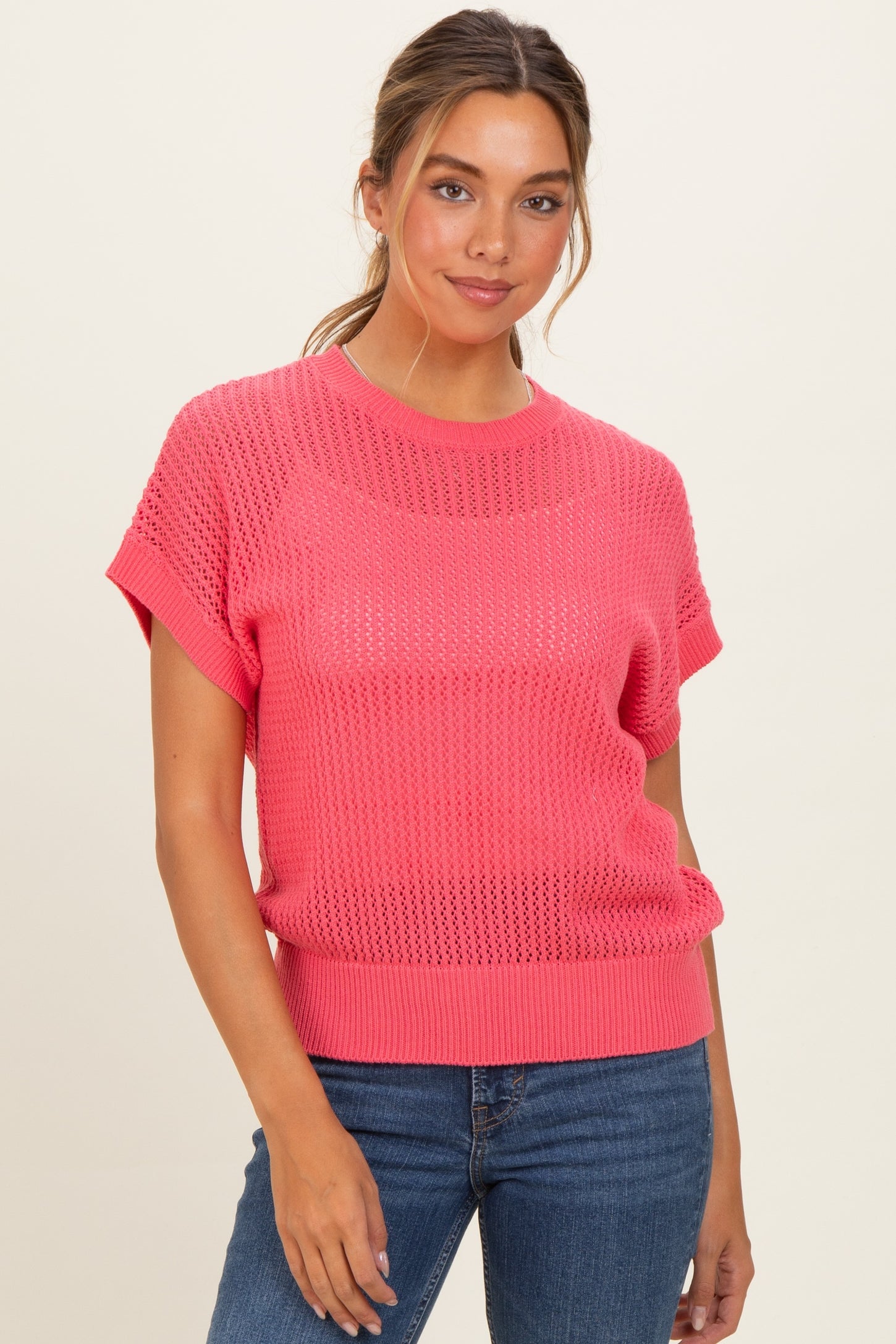 Pink Open-Knit Dolman Sleeve Maternity Top