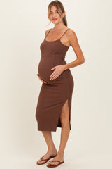 Chocolate Side Slit Fitted Maternity Tank Dress