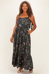 Forest Green Floral Bow Strap Maternity Plus Maxi Dress