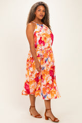 Coral Floral Pleated Plus Midi Dress