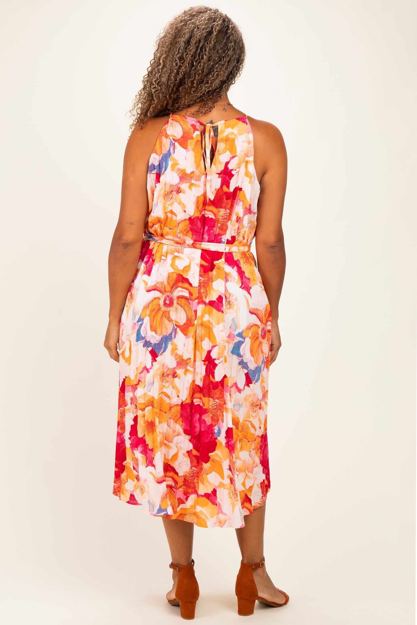 Coral Floral Pleated Plus Midi Dress