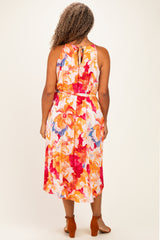 Coral Floral Pleated Plus Midi Dress