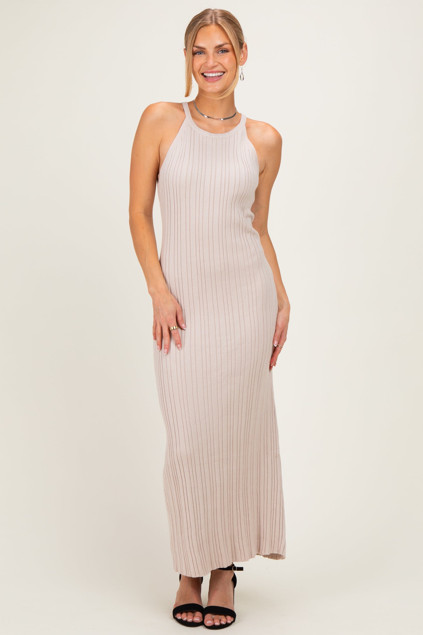 Sand Halter Ribbed Knit Maternity Maxi Dress