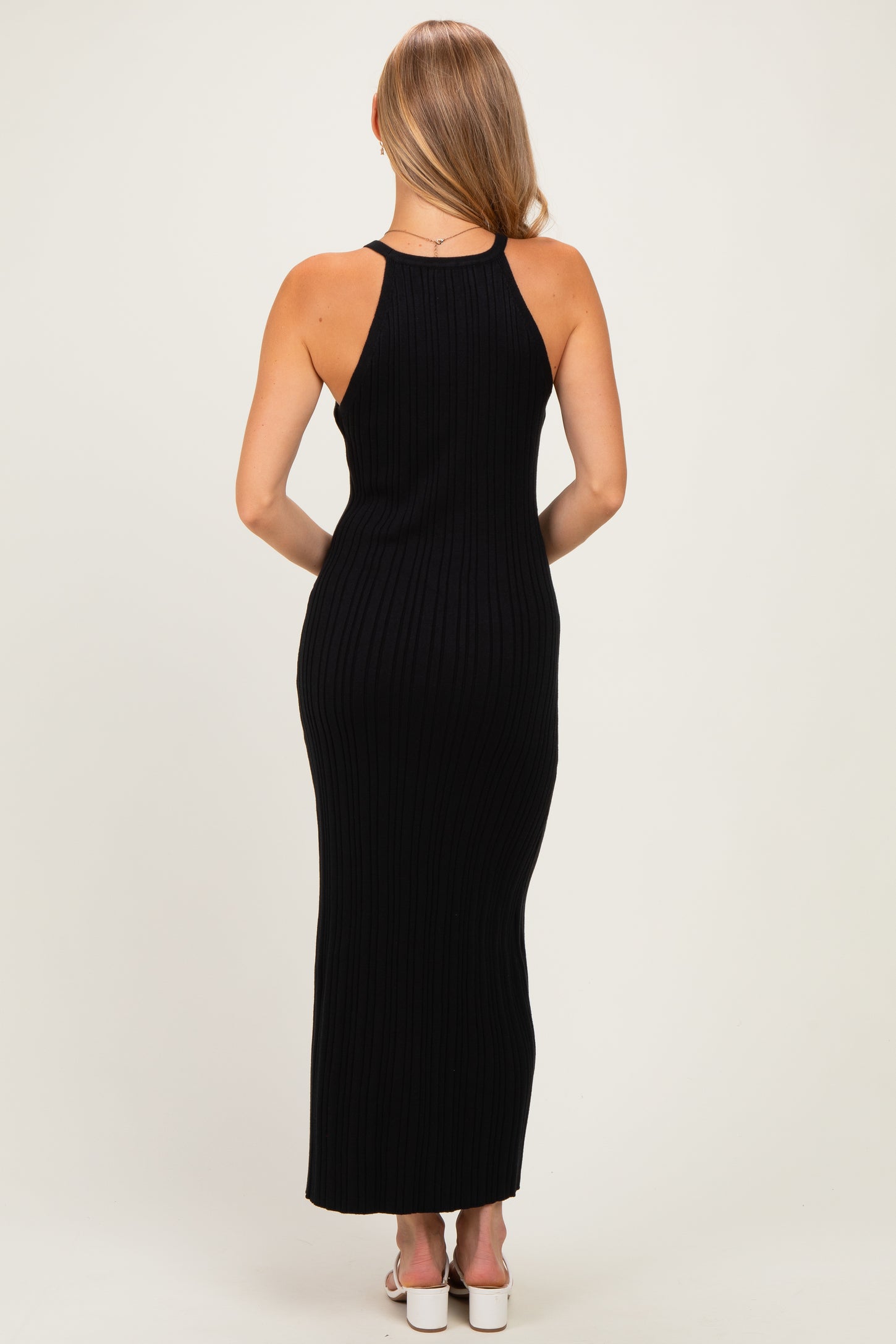 Black Halter Ribbed Knit Maxi Dress